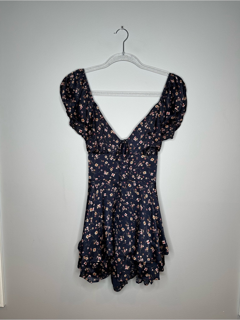 Altar'd State Navy Floral Romper with Pink and Cream Blossoms